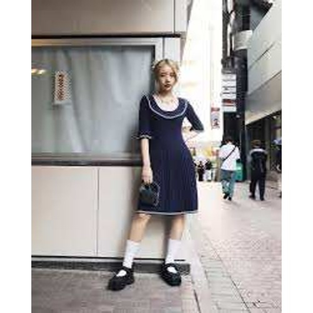 Marc Jacobs Dress XS Navy Blue Ruffle Sailor Fit Flare Ribbed Schoolgirl Ballet